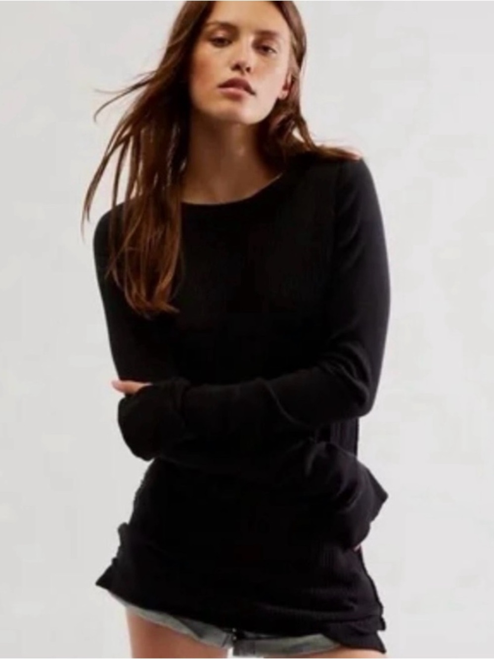 We The Free Black Waffle Knit Thermal Long Sleeve Top S Organic Cotton Granola